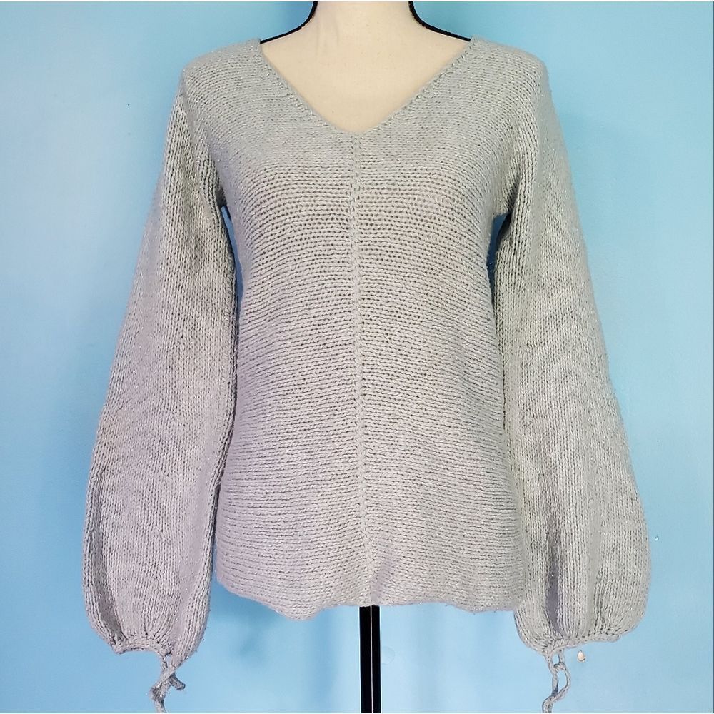 Anthropologie Guinevere Blueish Gray/Metallic V Neck Puff Sleeve Knit Sweater